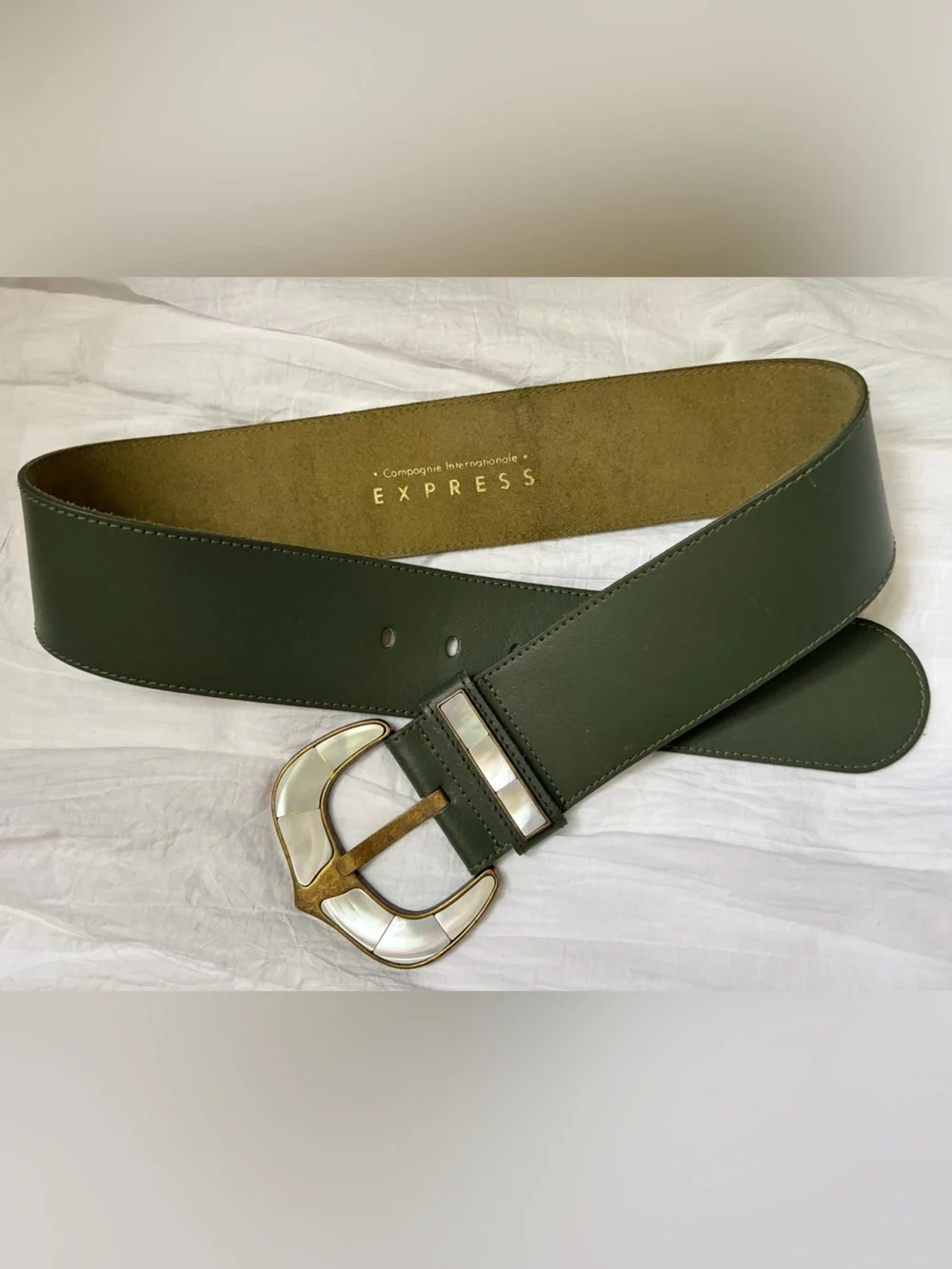 Express Dark Green Wide Belt with Mother-of-Pearl Inlay Buckle